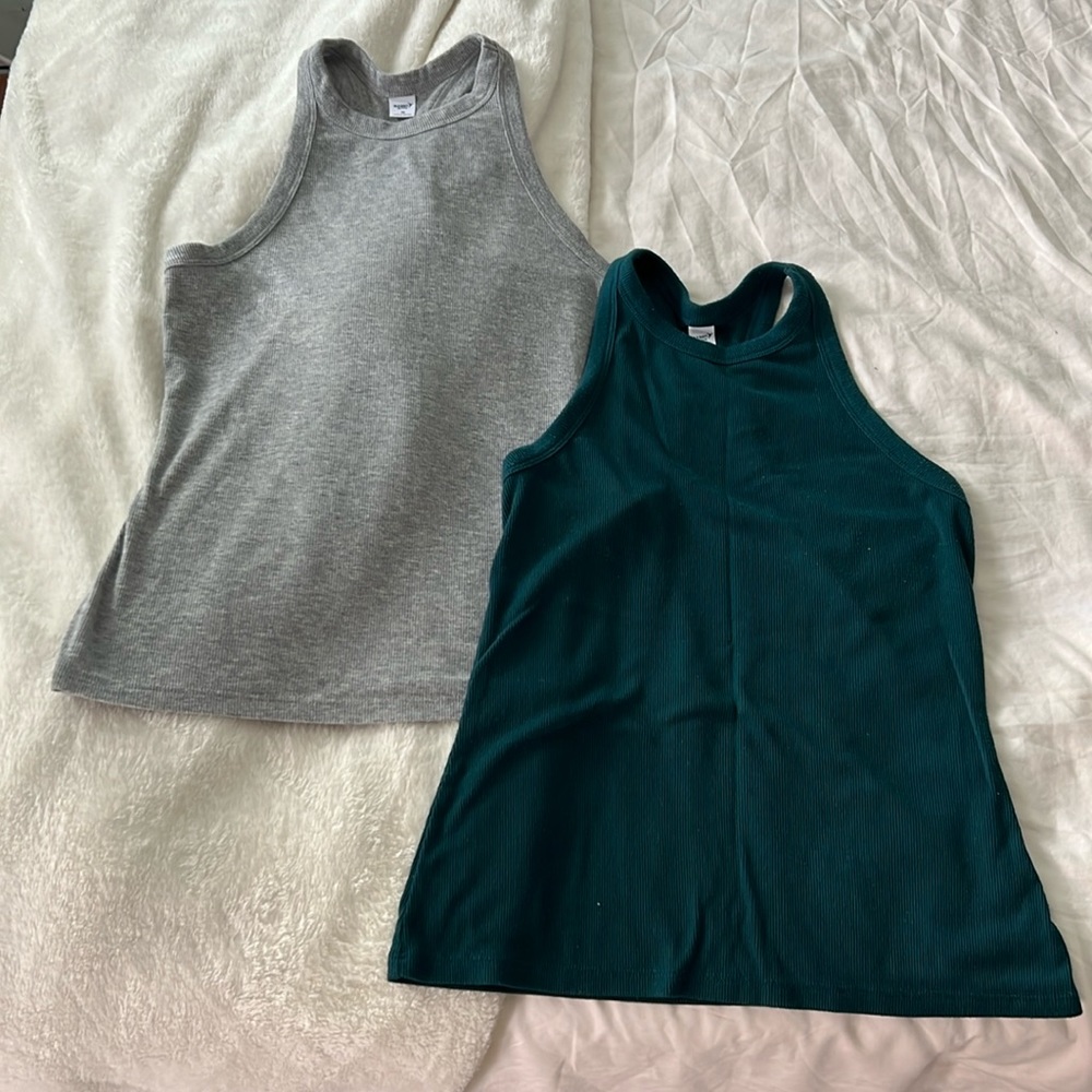 Two ribbed, high neck, racerback tank tops